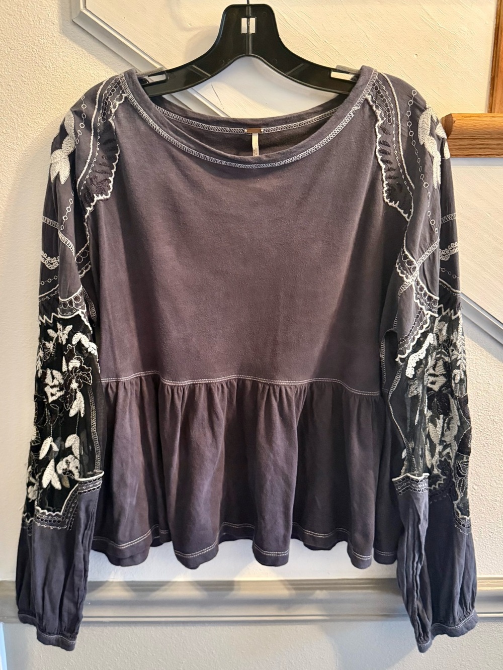 Free People Gray Embroidered Peplum Long-Sleeve stone washed top
